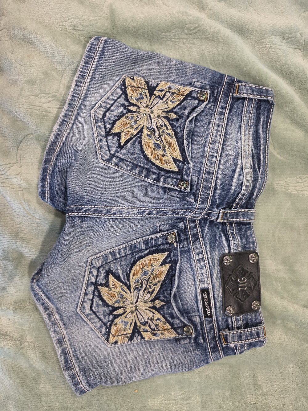 Miss Me Light Blue Denim Shorts with Yellow Embroidered Floral Pockets